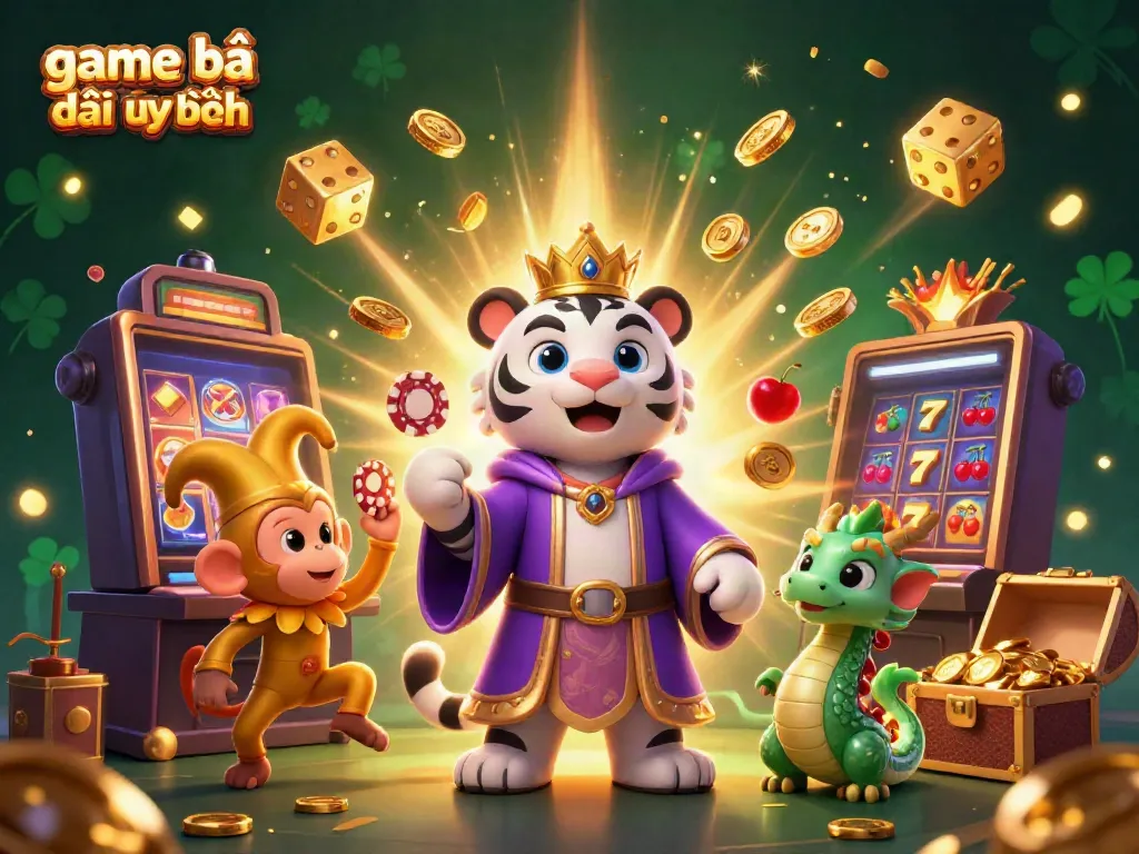 Experience the excitement of game bài đổi thưởng uy tín with this vibrant casino-themed illustration featuring a majestic tiger and a playful monkey.