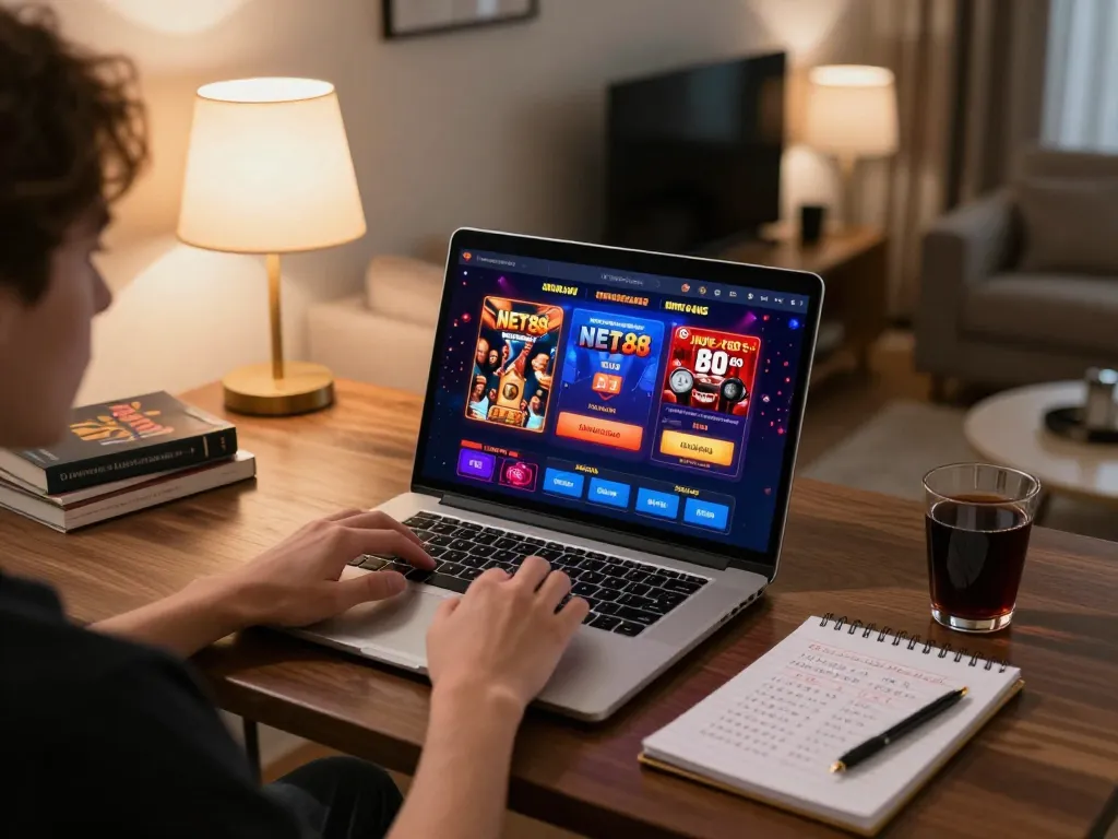 Player enjoying net88 online casino on laptop at home, showcasing vibrant game graphics.