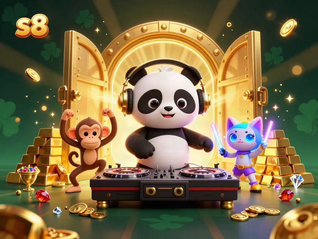 Experience thrilling fun at s8 with an exciting DJ panda, breakdancing monkey, and glow-stick kitten in a vibrant casino scene.