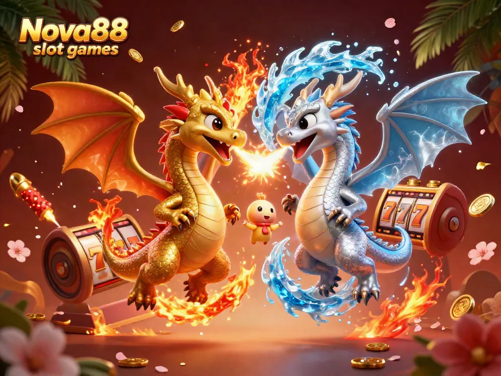 Experience the thrilling action of Nova88 slot games with 3D dragons and casino elements in a vibrant illustration.
