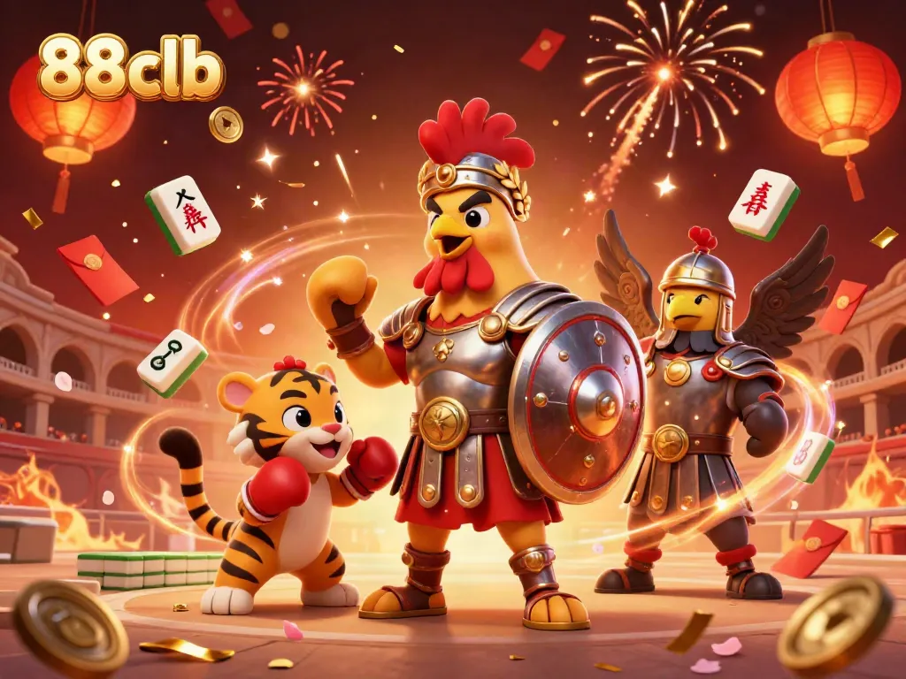 Engage with 88clb dynamic gaming experience featuring a gladiator rooster and festive elements.