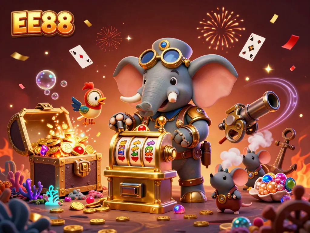 Engage with EE88's vibrant 3D casino scene featuring steampunk characters and dynamic game elements.