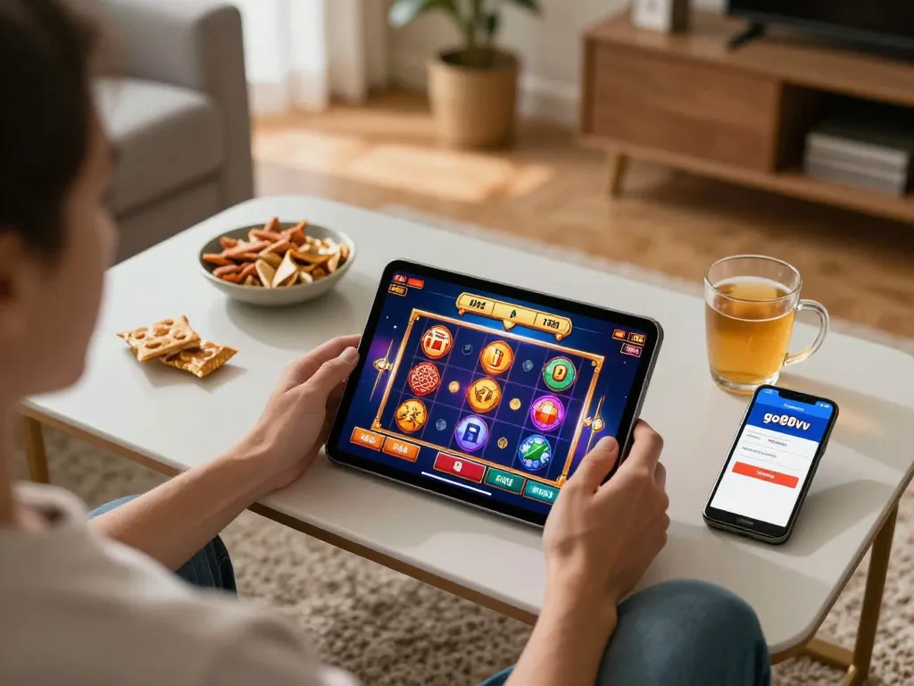 Player enjoying slots on go88vv app in a cozy living room
