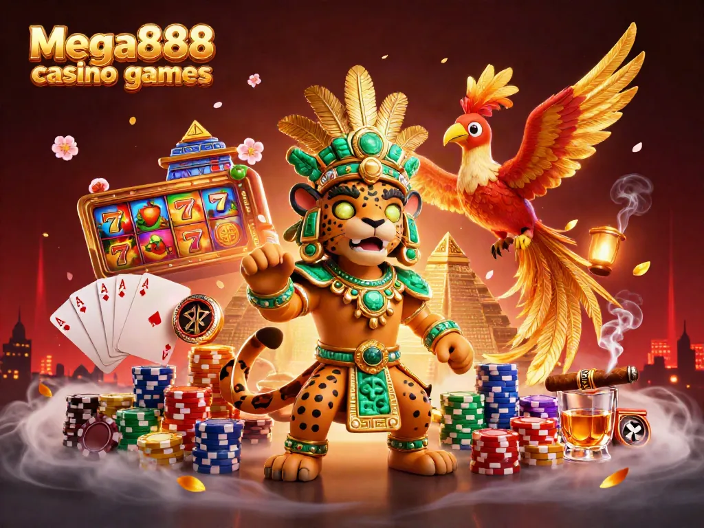 Experience the excitement of Mega888 casino games with a detailed 3D scene of Mayan-themed characters and vibrant slot elements.