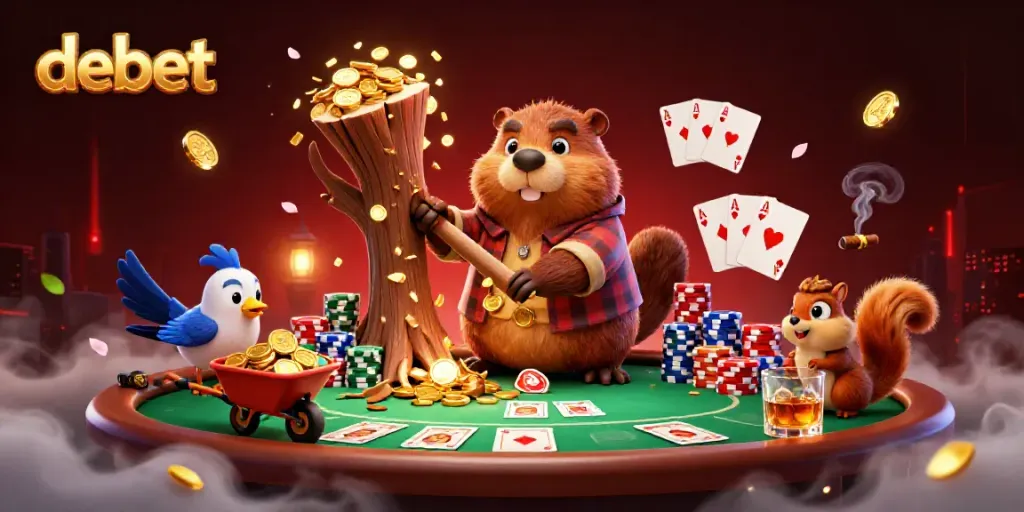 Experience gaming excitement with debet as the lumberjack beaver and quirky friends collect golden coins in this vibrant casino scene.