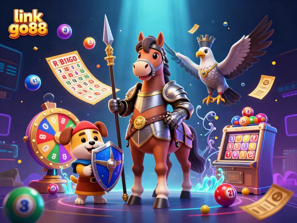 Engage with exciting games at link go88, illustrated with vibrant lottery elements and a playful knight scene.