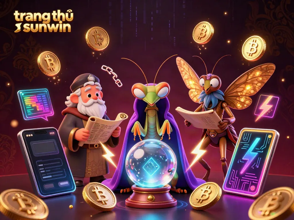 Engage with the dynamic scene of the trang chủ sunwin featuring cartoon fortune teller and moth librarian amid digital gambling elements.
