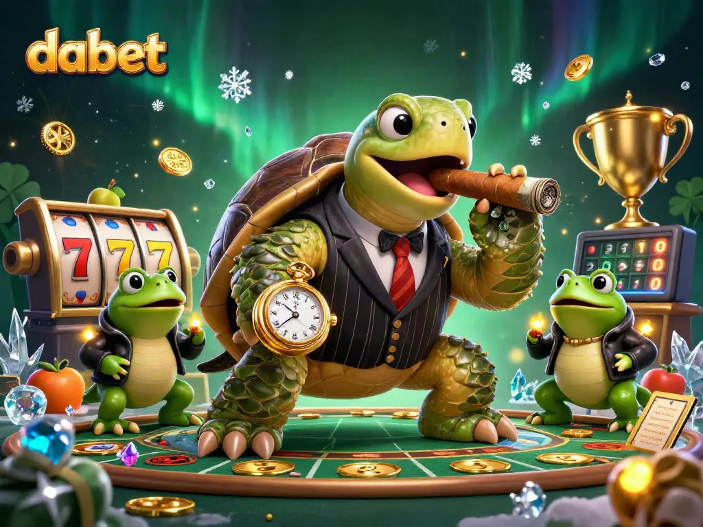 Dabet casino scene with a turtle in a suit and bullfrogs, showcasing rich slot elements and vibrant lights
