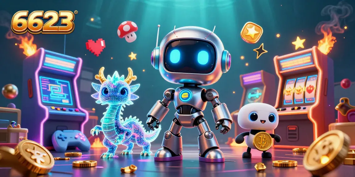 Engage with 6623's thrilling casino experience through a vibrant 3D illustration showcasing exciting game elements.
