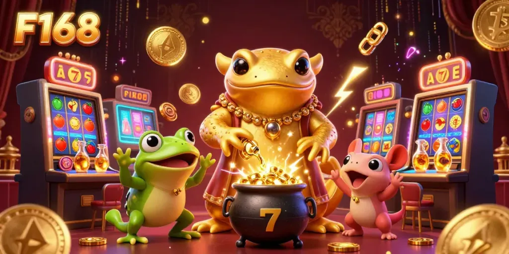 Experience the vibrant world of F168 with golden creatures and glowing coins in a dynamic casino setting.