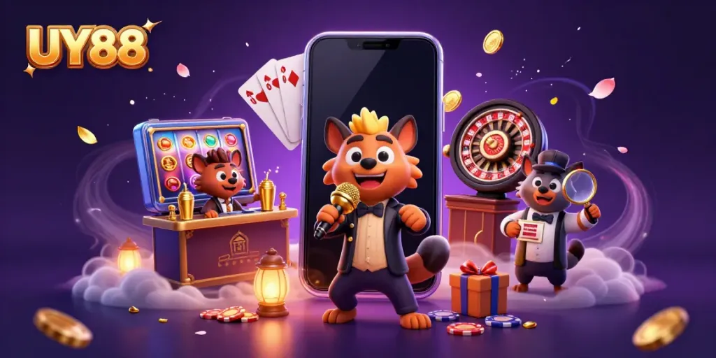 Experience the vibrant energy of UY88, a lively scene with hyenas in a casino setting featuring games and comedy.