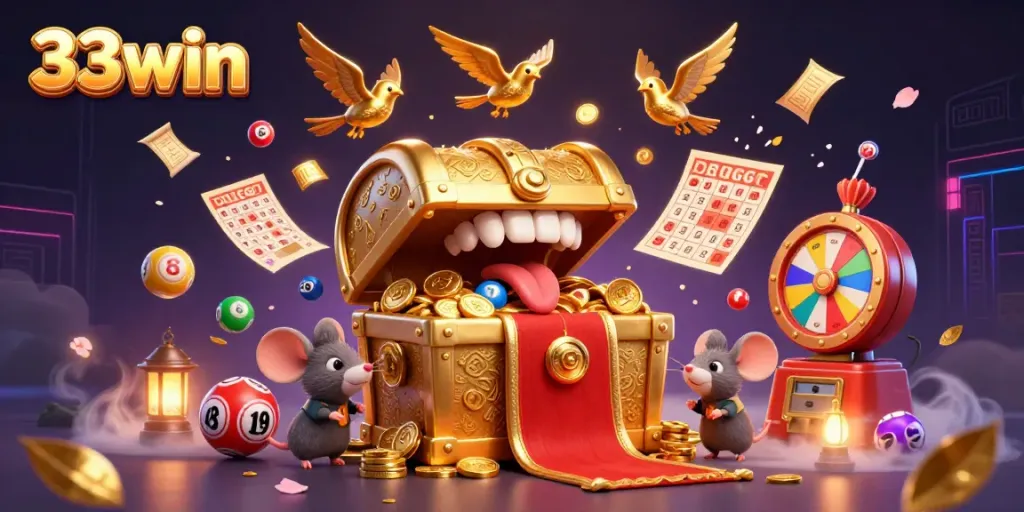 Engage with the enchanting world of 33win featuring dynamic lottery elements, a golden treasure chest, and vibrant visuals.