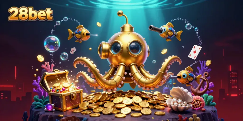 Experience thrilling wins at 28bet as a golden kraken submarine emerges from gold coins in a vibrant underwater scene.