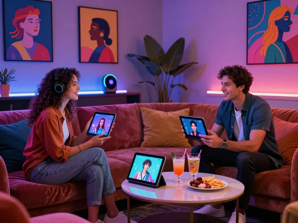 Adults engaging in AI NSFW chat in a vibrant lounge with high-tech devices.