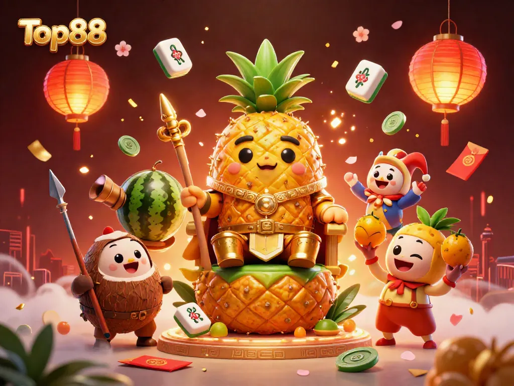 Top88's vibrant casino scene showcasing golden pineapple king and festive gambling elements.