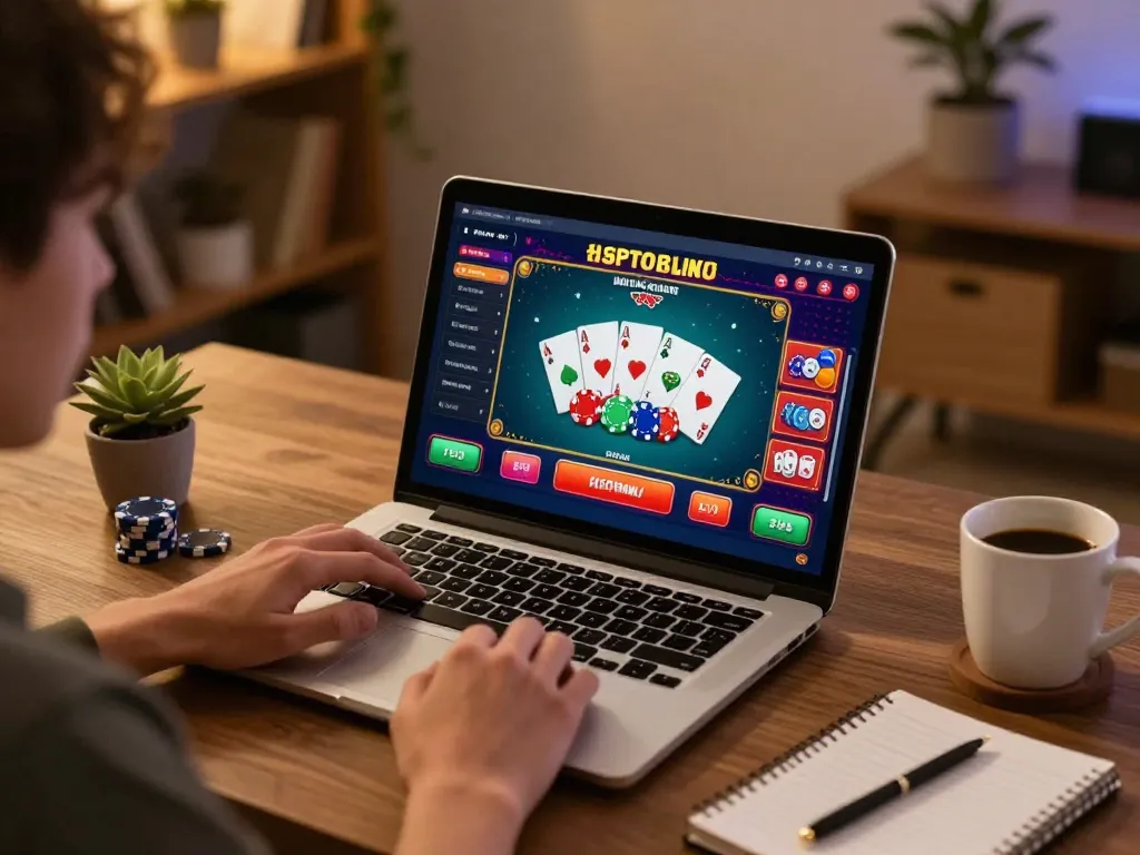 Player engaging with sc88 online casino gaming on laptop, showcasing dynamic poker action and personal volume setting.