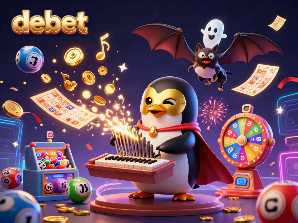 Engage with debet's thrilling gaming experience featuring cartoon penguins playing organ amidst dynamic casino symbols.