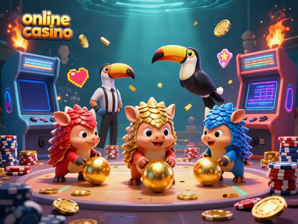 Engaging scene depicting online casino pangolins in vibrant armor playing with poker chips amid colorful arcade elements.