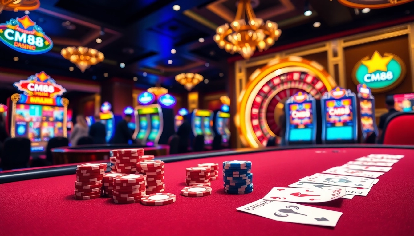 Experience the thrill of CM88 with a lively casino scene showcasing poker, roulette, and slot machines.