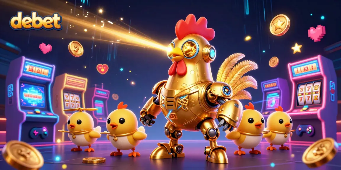 Engage with debet's vibrant 3D casino illustration featuring retro-futuristic characters and iconic gaming elements.