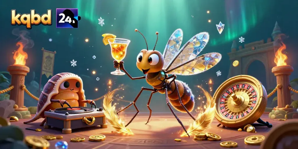 Engage with the excitement of kqbd 24h as a lively mosquito mascot holds a golden cocktail in a vibrant casino scene.