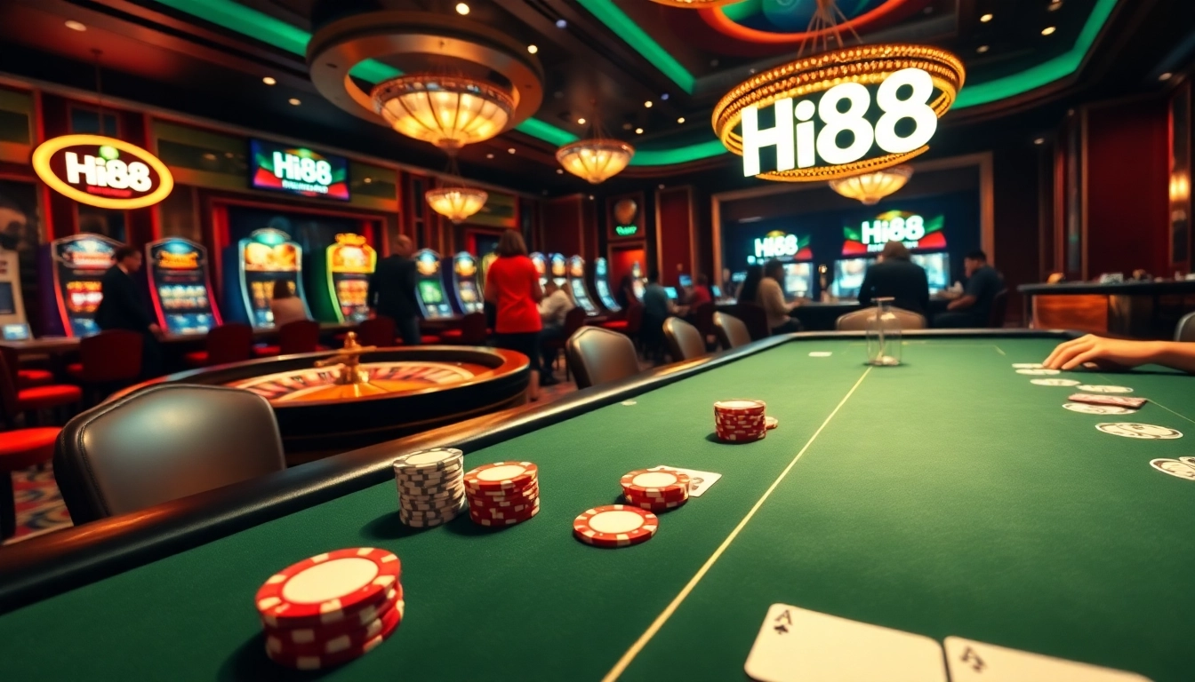 Exciting casino gameplay at Hi88 with a vibrant poker table and roulette wheel.