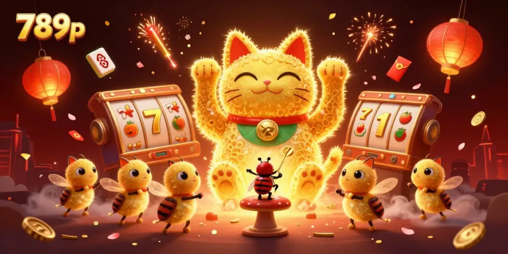 Experience excitement at 789p as a lucky cat crafted from golden fireflies showcases dynamic casino symbols.