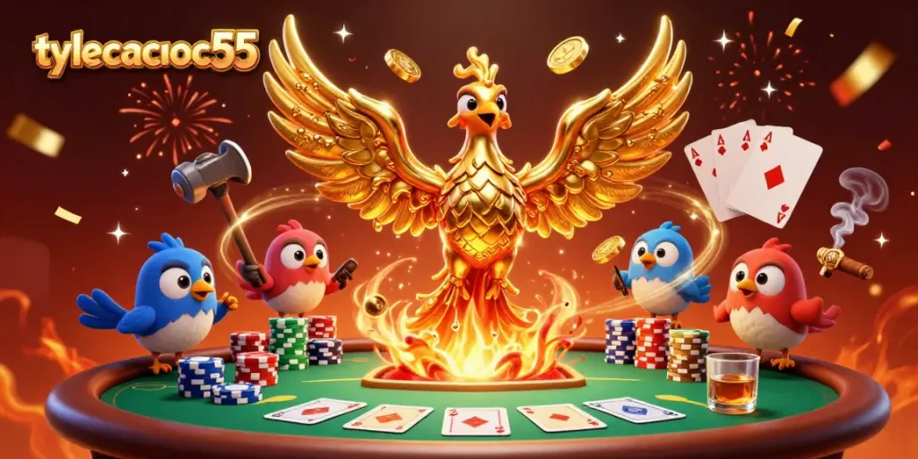 Engage with exciting betting action in the tempuously dynamic scene featuring tylecacuoc55, a phoenix and poker elements.