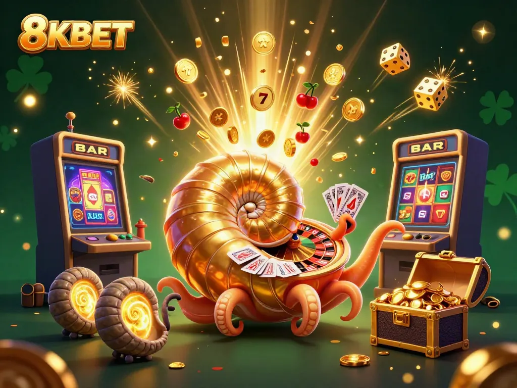 Khám phá thế giới 8KBET qua hình ảnh 3D sinh động của bạch tuộc chơi bài và máy đánh bạc huyền bí.