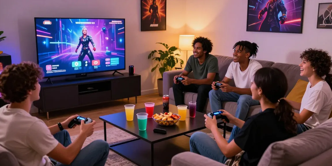 Engaging group playing a porn game online in a cozy living room.