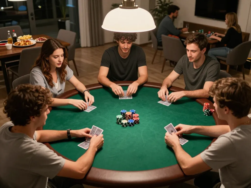 Players engaging in high-stakes poker game at home, experiencing okwin action among friends.