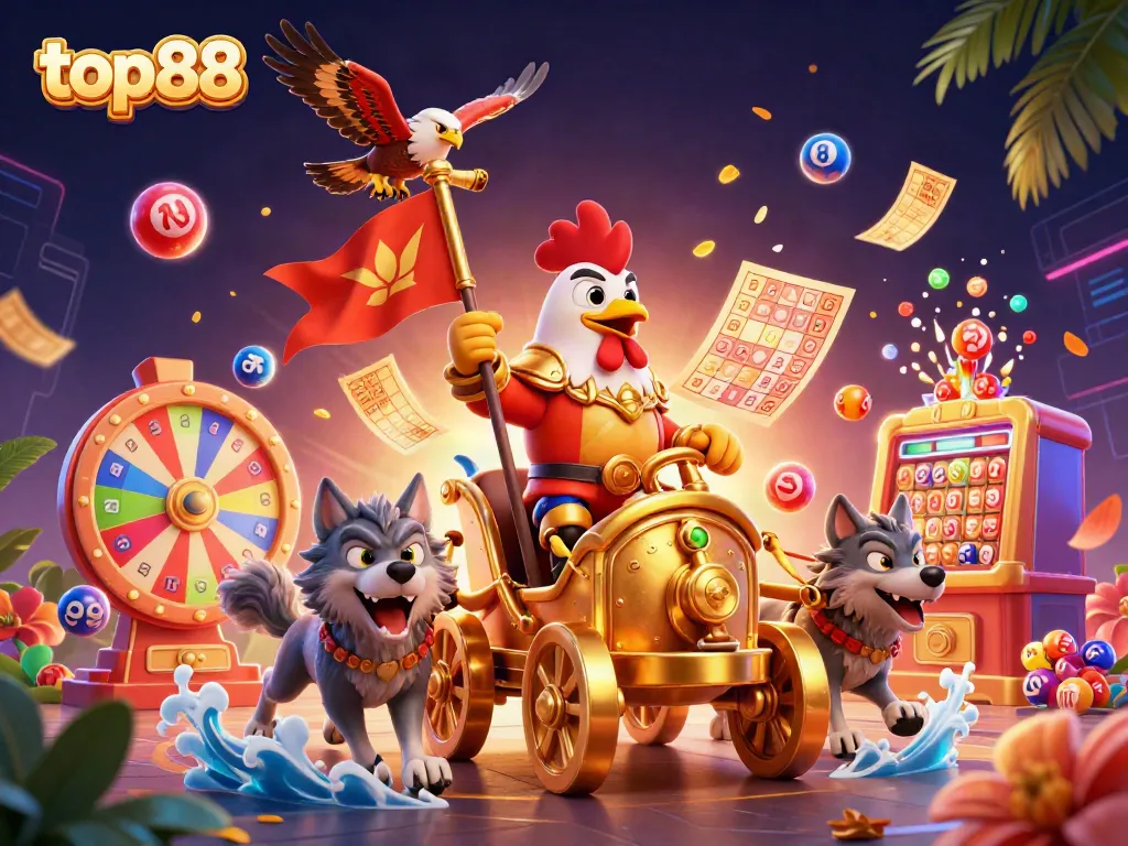 Experience the excitement of top88 with a vibrant casino scene featuring a rooster warlord and dynamic game elements.