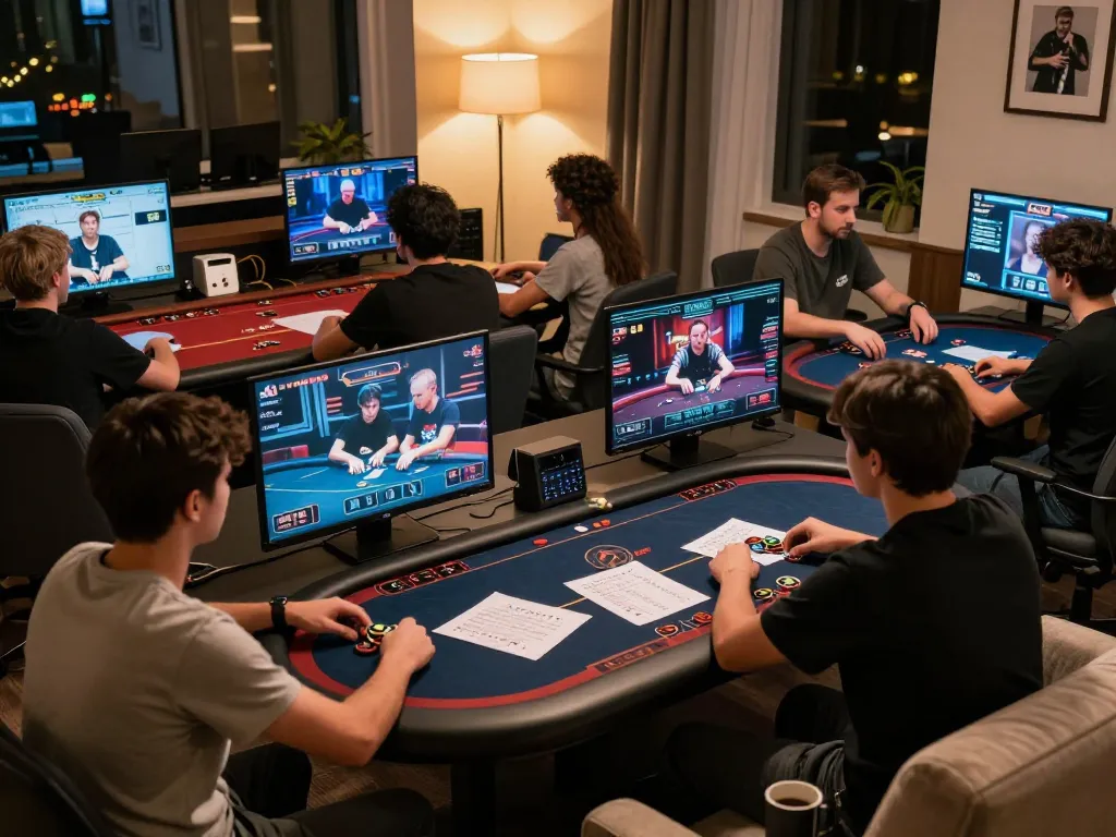 Players engage in online poker tournament at home, showcasing max 79 digital gameplay strategies.