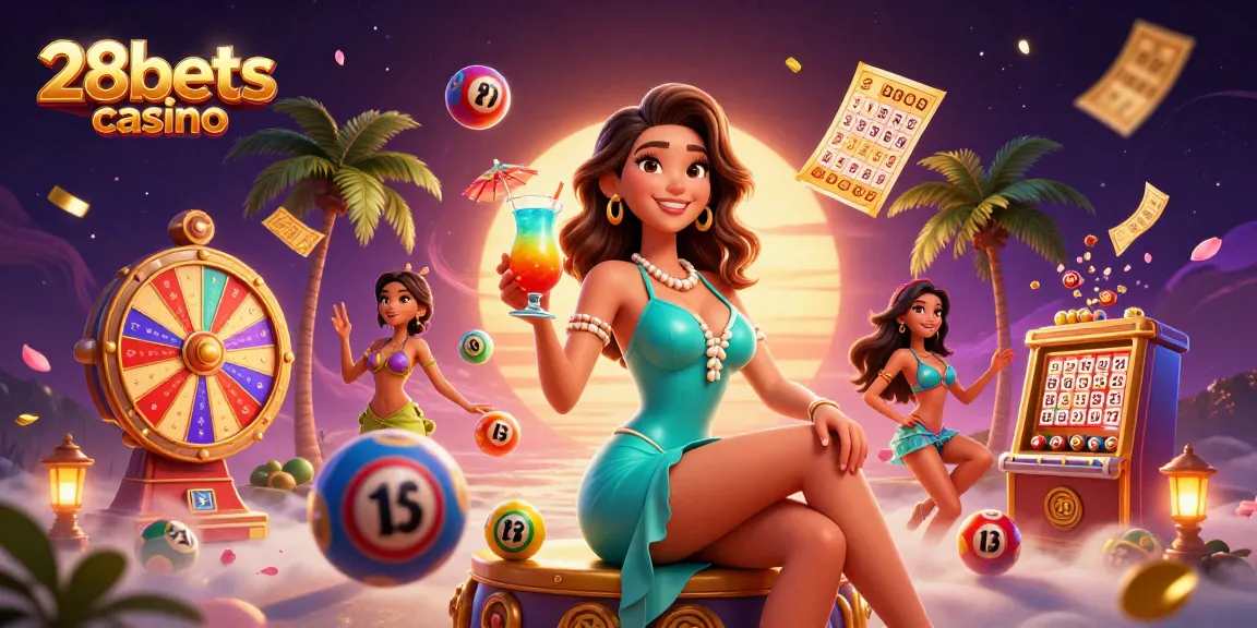 Engage with 28bets casino's vibrant scene featuring dynamic elements of a tropical gaming paradise.