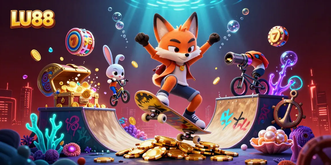 Engage with LU88 casino gaming through lively illustrations featuring dynamic blackjack and slot elements.