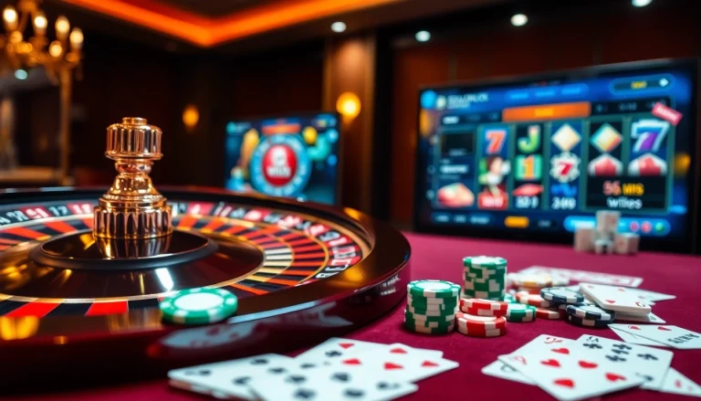Experience the thrill of casino gaming with 555win5.co.com featuring roulette wheel and vibrant chips.