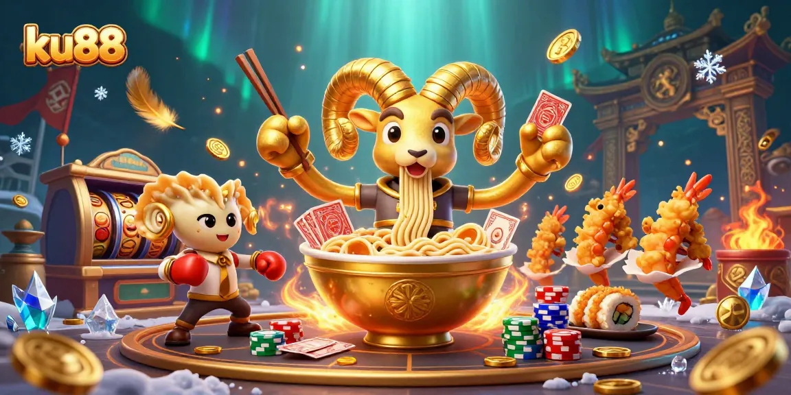 ku88 showcases an exciting casino atmosphere with a gold ramen bowl character and vibrant gaming elements.