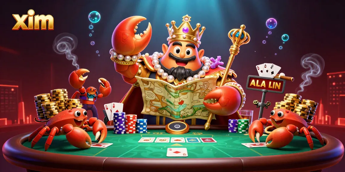 Bet on exciting poker hands with xim's vibrant crab emperor surrounded by casino riches.