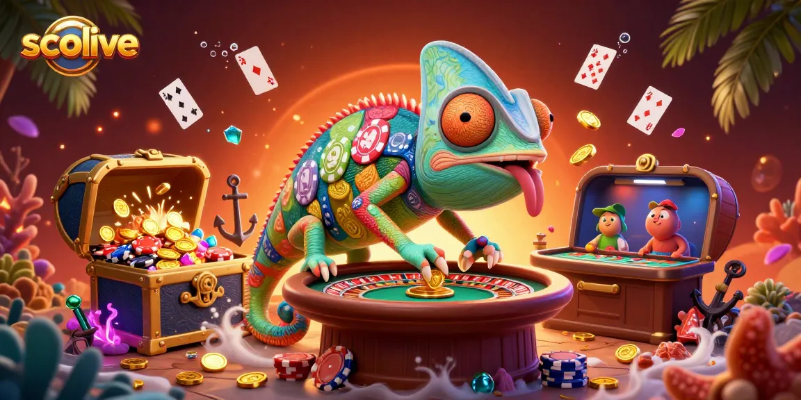 Socolive provides a vibrant gaming atmosphere with a chameleon casino owner capturing gold coins.