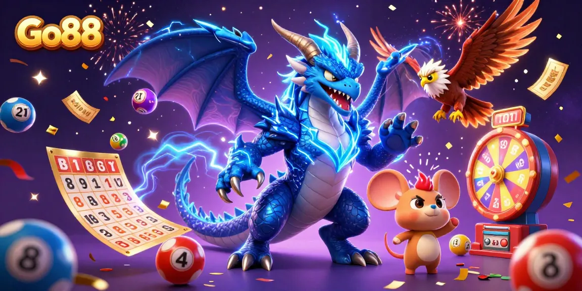 Win big with Go88 in this vibrant 3D casino scene featuring lottery excitement and party atmosphere.