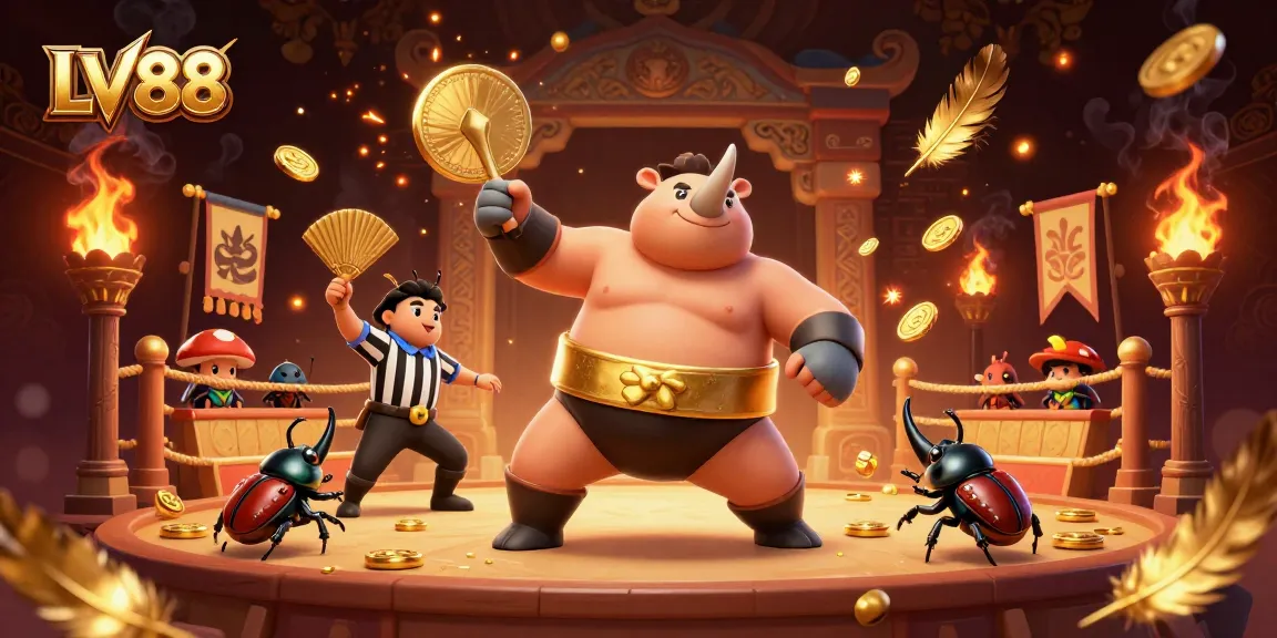 Experience thrilling gameplay at LV88 with a dynamic cartoon beetle sumo champion and exciting gold coins.