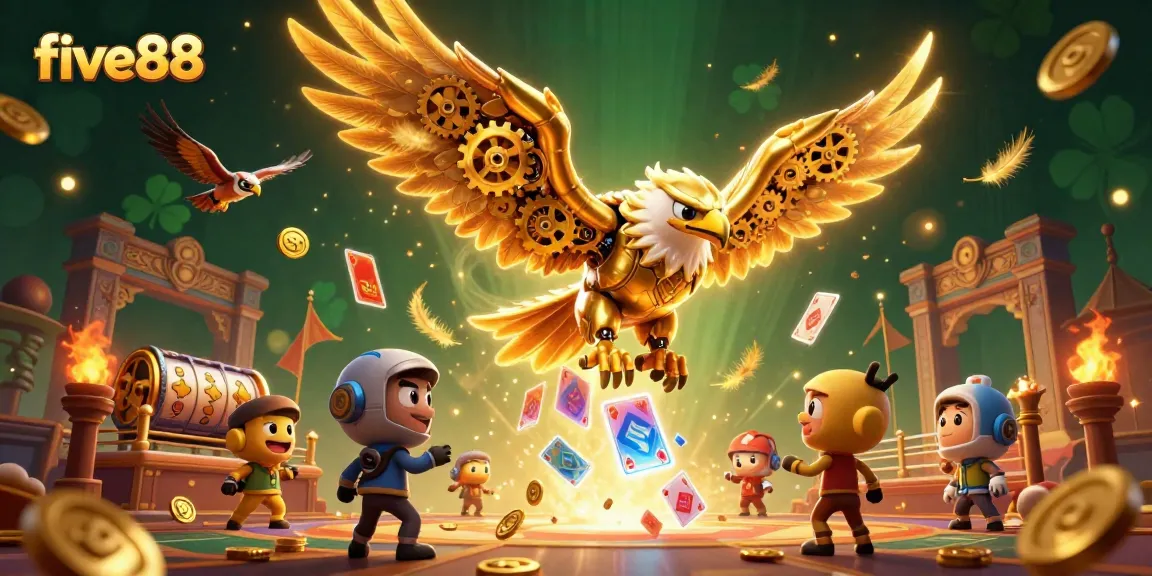 Experience the thrill of five88 with a cybernetic eagle and casino elements in an electrifying 3D illustration.