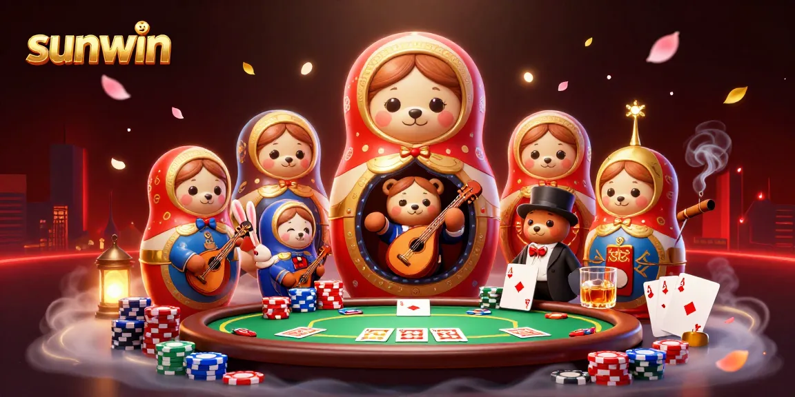 Engage with sunwin's vibrant casino scene featuring a Matryoshka bear and poker elements.
