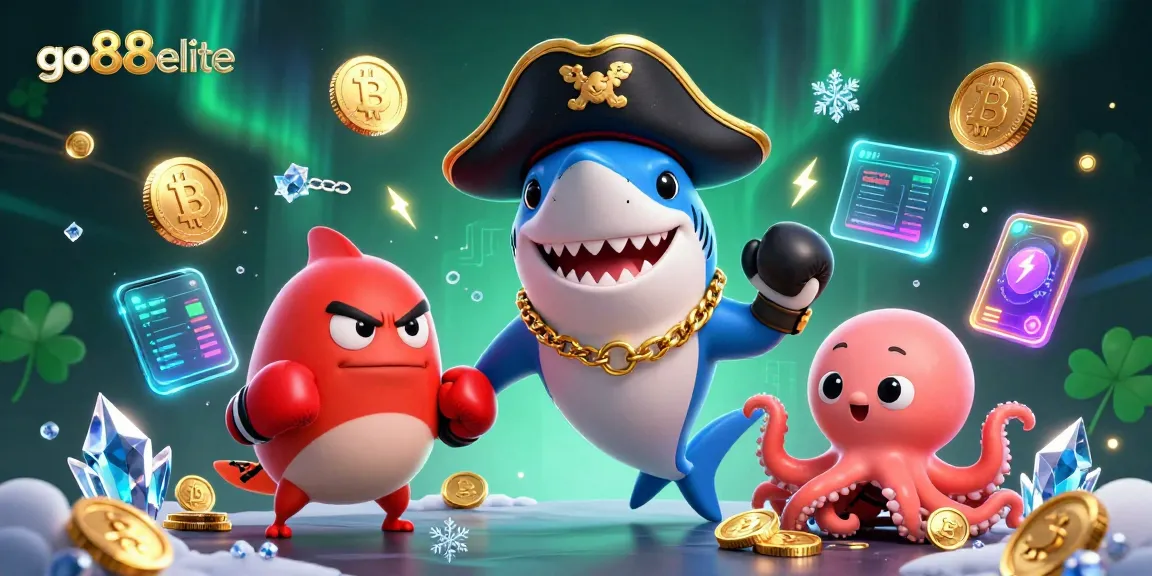 Win big at go88elite with a vibrant 3D illustration featuring colorful casino characters and cryptocurrency elements.