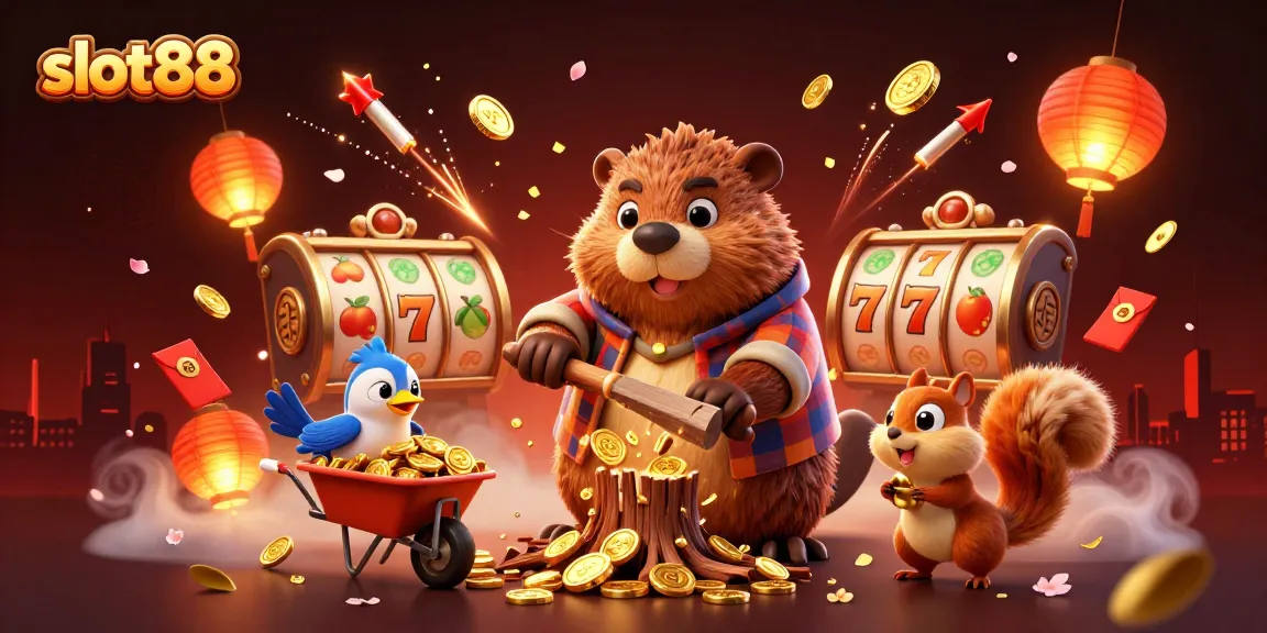 Spin the reels and win big with slot88 in this vibrant casino-themed scene with playful characters.
