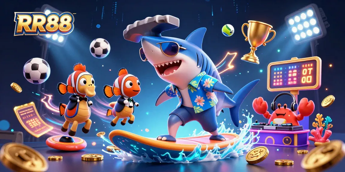 Bet on RR88 with this vibrant underwater casino scene showcasing a shark surfing on gold coins.