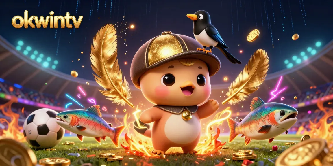 Wager on sports with OKWINTV, featuring Nessie in a playful scene surrounded by gold tokens.