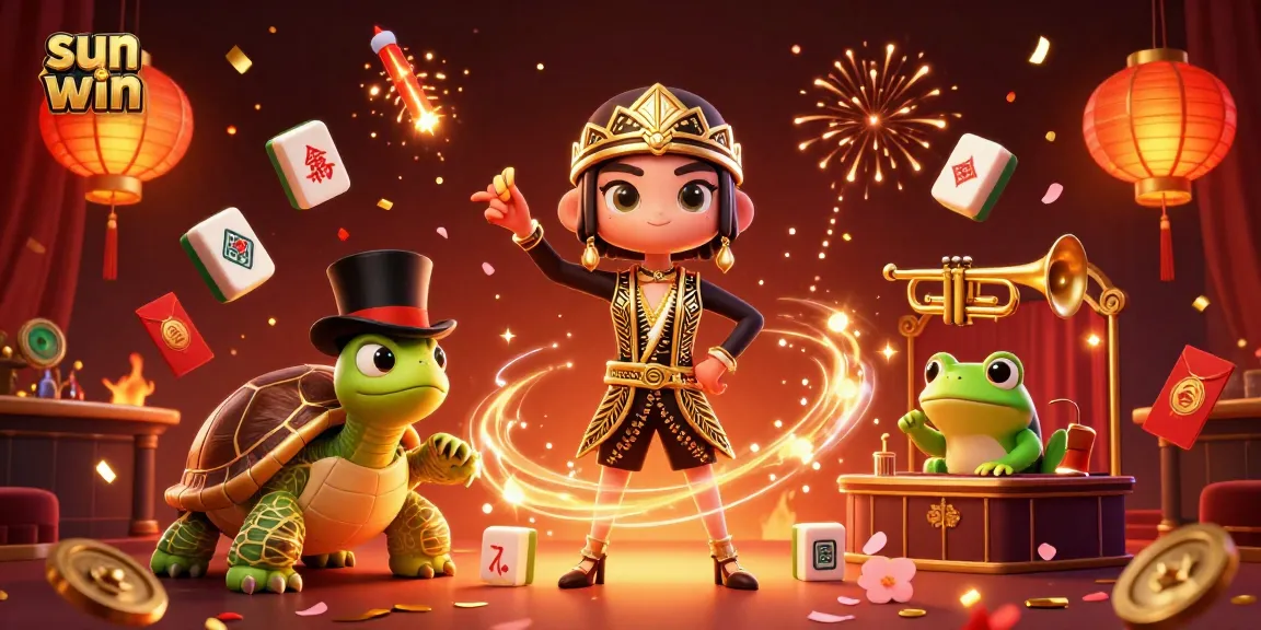Experience thrilling gameplay at sun win with lively characters amidst colorful casino elements.