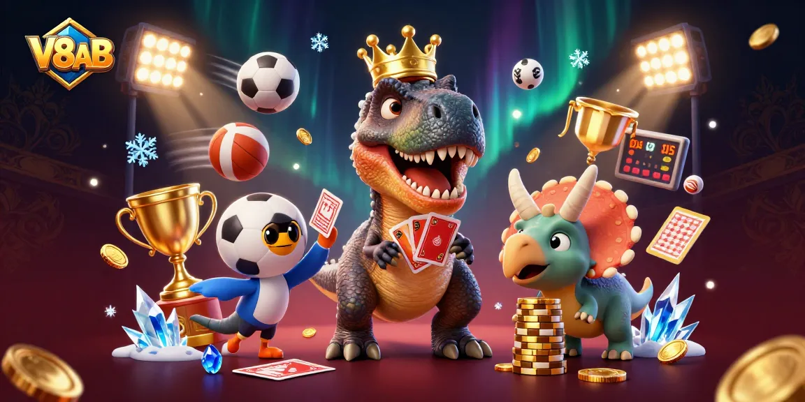 Engage with V8AB's thrilling casino games featuring a charming T-Rex and vibrant elements.