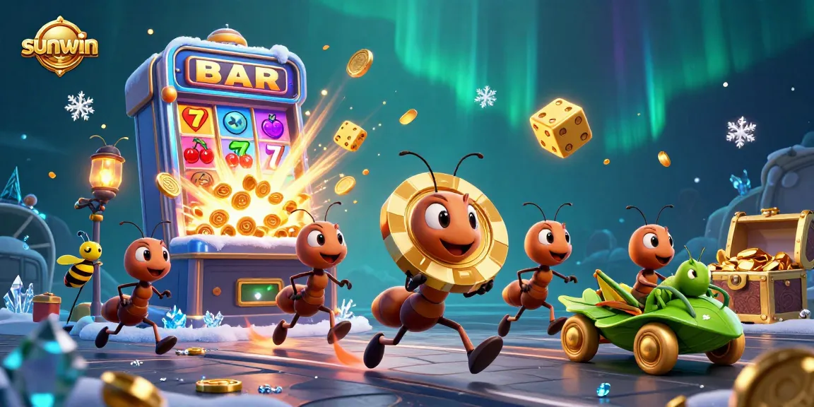 Watch sunwin ants carrying a giant poker chip amid a jackpot explosion in a vibrant casino scene.